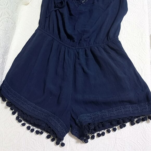 American Eagle Outfitters Lace Detail Navy Blue Halter Romper Shorts Size L Wome - Picture 5 of 10